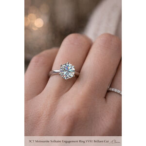 3CT Moissanite Solitaire Engagement Ring VVS1 Brilliant Cut S925 Silver NIB